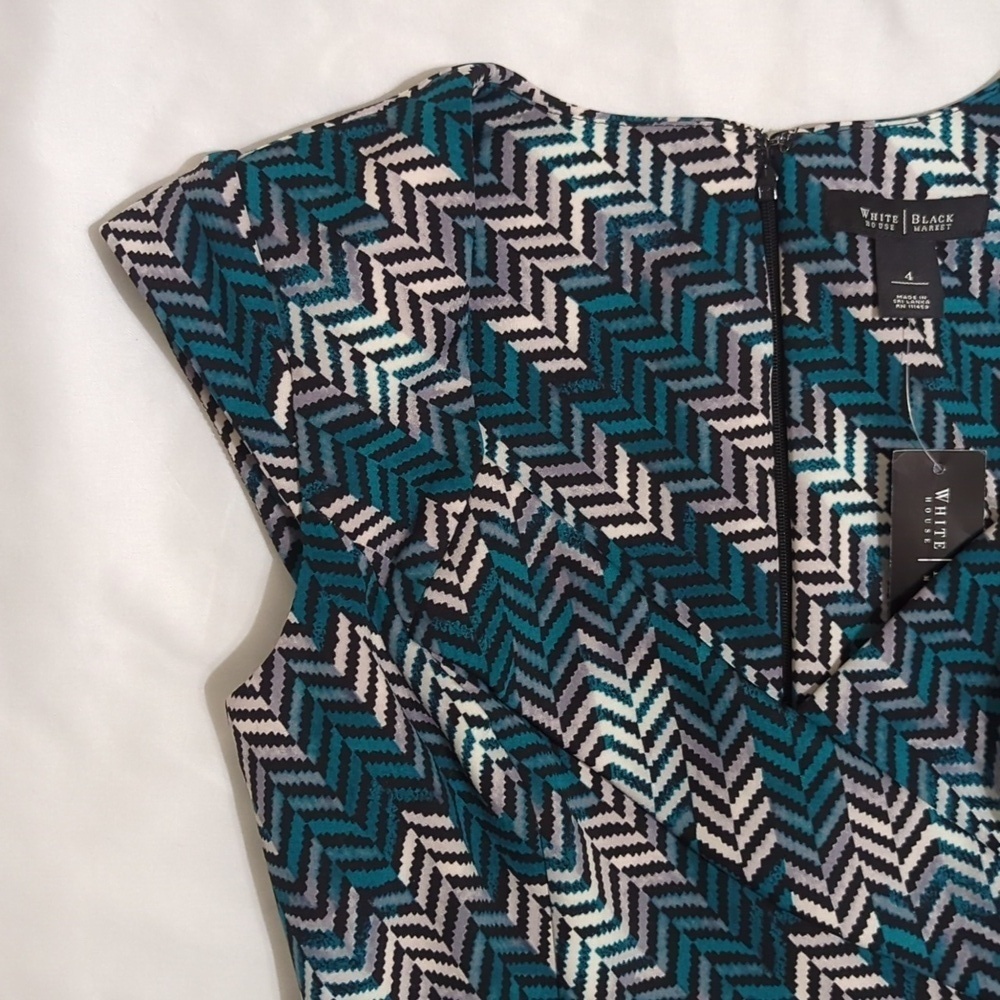 White House Black Market CS ZZ Print Sheath Dress, Black/White/Teal Size 4 - Picture 6 of 16